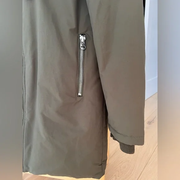 Zara Basic Olive Parka with Black Faux Fur Hood. Size S - Picture 3 of 12